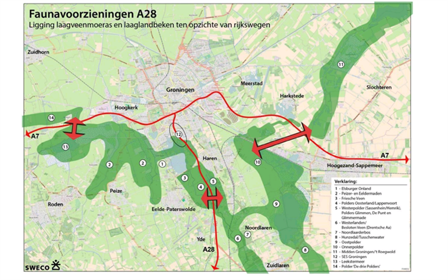 Natuurgebieden rondom Groningen en A28 en A7